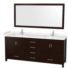 Load image into Gallery viewer, Wyndham Collection WCS141480DESC2UNSM70 Sheffield 80 Inch Double Bathroom Vanity in Espresso, Carrara Cultured Marble Countertop, Undermount Square Sinks, 70 Inch Mirror