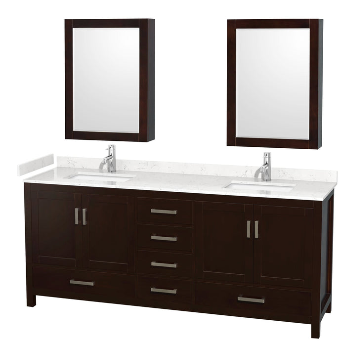 Wyndham Collection WCS141480DESC2UNSMED Sheffield 80 Inch Double Bathroom Vanity in Espresso, Carrara Cultured Marble Countertop, Undermount Square Sinks, Medicine Cabinets