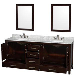Wyndham Collection WCS141480DESCMUNOM24 Sheffield 80 Inch Double Bathroom Vanity in Espresso, White Carrara Marble Countertop, Undermount Oval Sinks, and 24 Inch Mirrors