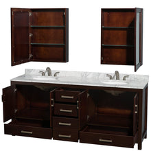 Load image into Gallery viewer, Wyndham Collection WCS141480DESCMUNOMED Sheffield 80 Inch Double Bathroom Vanity in Espresso, White Carrara Marble Countertop, Undermount Oval Sinks, and Medicine Cabinets