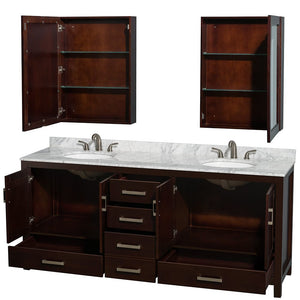 Wyndham Collection WCS141480DESCMUNOMED Sheffield 80 Inch Double Bathroom Vanity in Espresso, White Carrara Marble Countertop, Undermount Oval Sinks, and Medicine Cabinets