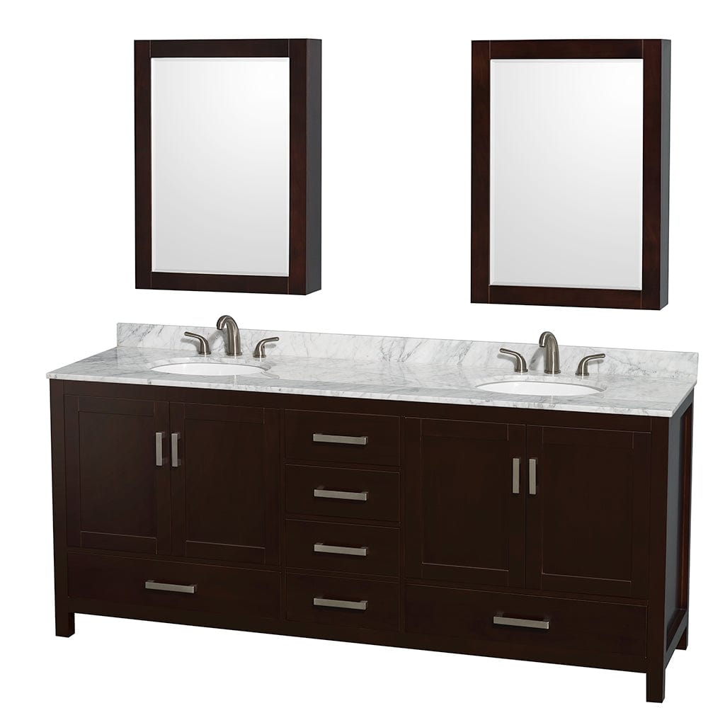 Wyndham Collection WCS141480DESCMUNOMED Sheffield 80 Inch Double Bathroom Vanity in Espresso, White Carrara Marble Countertop, Undermount Oval Sinks, and Medicine Cabinets