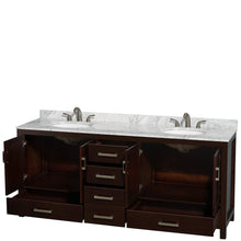 Load image into Gallery viewer, Wyndham Collection WCS141480DESCMUNOMXX Sheffield 80 Inch Double Bathroom Vanity in Espresso, White Carrara Marble Countertop, Undermount Oval Sinks, and No Mirror