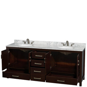 Wyndham Collection WCS141480DESCMUNOMXX Sheffield 80 Inch Double Bathroom Vanity in Espresso, White Carrara Marble Countertop, Undermount Oval Sinks, and No Mirror