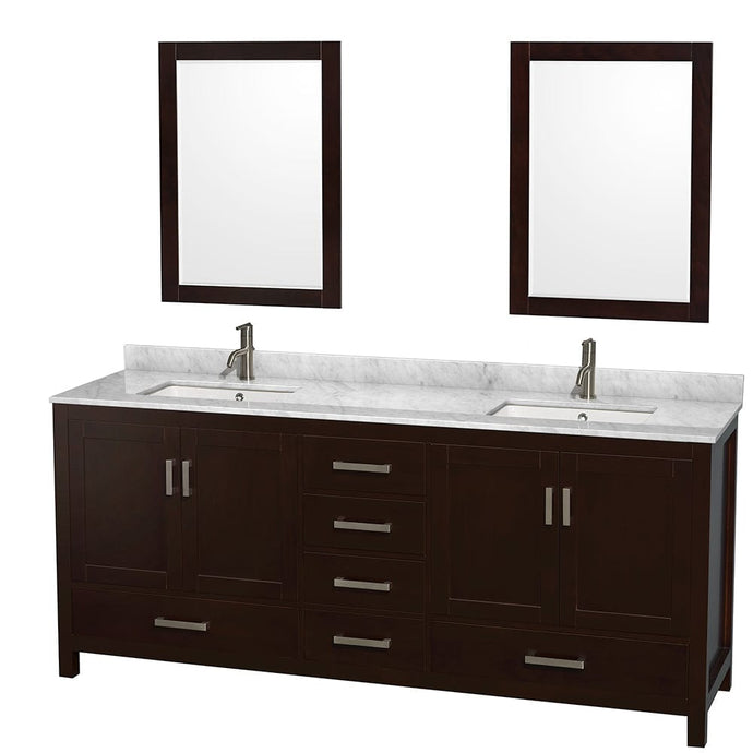 Wyndham Collection WCS141480DESCMUNSM24 Sheffield 80 Inch Double Bathroom Vanity in Espresso, White Carrara Marble Countertop, Undermount Square Sinks, and 24 Inch Mirrors