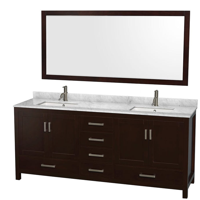 Wyndham Collection WCS141480DESCMUNSM70 Sheffield 80 Inch Double Bathroom Vanity in Espresso, White Carrara Marble Countertop, Undermount Square Sinks, and 70 Inch Mirror