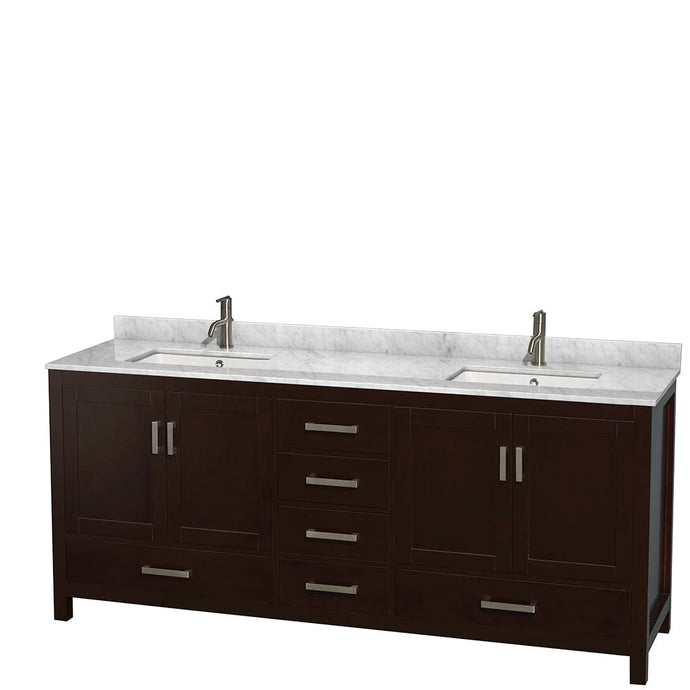 Wyndham Collection WCS141480DESCMUNSMXX Sheffield 80 Inch Double Bathroom Vanity in Espresso, White Carrara Marble Countertop, Undermount Square Sinks, and No Mirror
