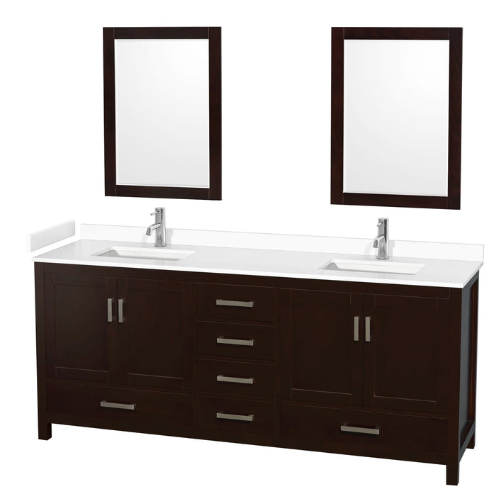 Wyndham Collection WCS141480DESWCUNSM24 Sheffield 80 Inch Double Bathroom Vanity in Espresso, White Cultured Marble Countertop, Undermount Square Sinks, 24 Inch Mirrors
