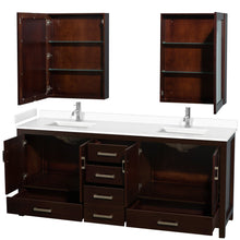 Load image into Gallery viewer, Wyndham Collection WCS141480DESWCUNSMED Sheffield 80 Inch Double Bathroom Vanity in Espresso, White Cultured Marble Countertop, Undermount Square Sinks, Medicine Cabinets