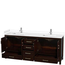 Load image into Gallery viewer, Wyndham Collection WCS141480DESWCUNSMXX Sheffield 80 Inch Double Bathroom Vanity in Espresso, White Cultured Marble Countertop, Undermount Square Sinks, No Mirror