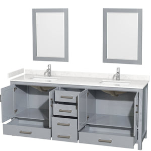 Wyndham Collection WCS141480DGYC2UNSM24 Sheffield 80 Inch Double Bathroom Vanity in Gray, Carrara Cultured Marble Countertop, Undermount Square Sinks, 24 Inch Mirrors