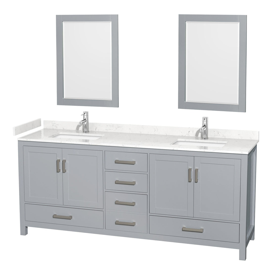 Wyndham Collection WCS141480DGYC2UNSM24 Sheffield 80 Inch Double Bathroom Vanity in Gray, Carrara Cultured Marble Countertop, Undermount Square Sinks, 24 Inch Mirrors