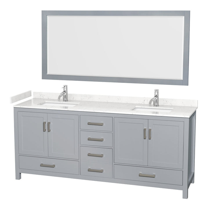 Wyndham Collection WCS141480DGYC2UNSM70 Sheffield 80 Inch Double Bathroom Vanity in Gray, Carrara Cultured Marble Countertop, Undermount Square Sinks, 70 Inch Mirror