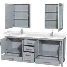 Load image into Gallery viewer, Wyndham Collection WCS141480DGYC2UNSMED Sheffield 80 Inch Double Bathroom Vanity in Gray, Carrara Cultured Marble Countertop, Undermount Square Sinks, Medicine Cabinets