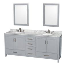 Load image into Gallery viewer, Wyndham Collection WCS141480DGYCMUNOM24 Sheffield 80 Inch Double Bathroom Vanity in Gray, White Carrara Marble Countertop, Undermount Oval Sinks, and 24 Inch Mirrors