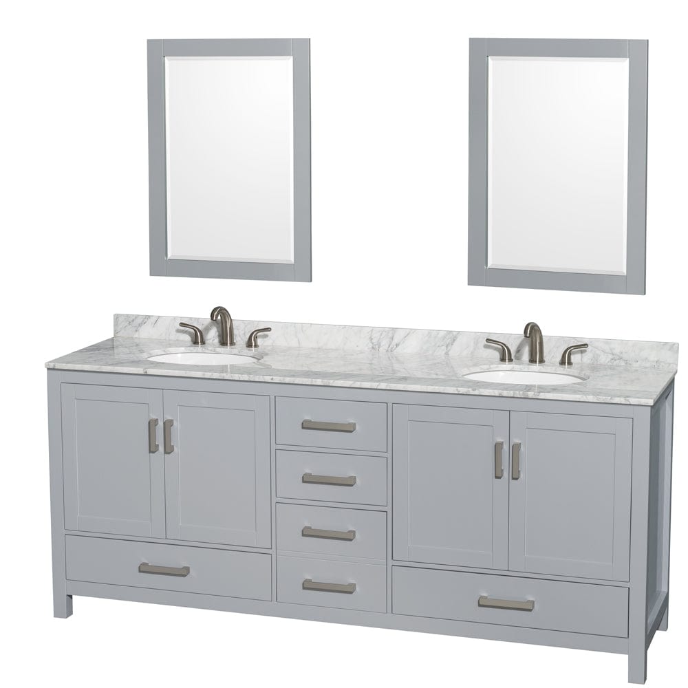 Wyndham Collection WCS141480DGYCMUNOM24 Sheffield 80 Inch Double Bathroom Vanity in Gray, White Carrara Marble Countertop, Undermount Oval Sinks, and 24 Inch Mirrors