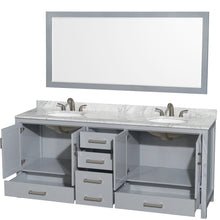 Load image into Gallery viewer, Wyndham Collection WCS141480DGYCMUNOM70 Sheffield 80 Inch Double Bathroom Vanity in Gray, White Carrara Marble Countertop, Undermount Oval Sinks, and 70 Inch Mirror