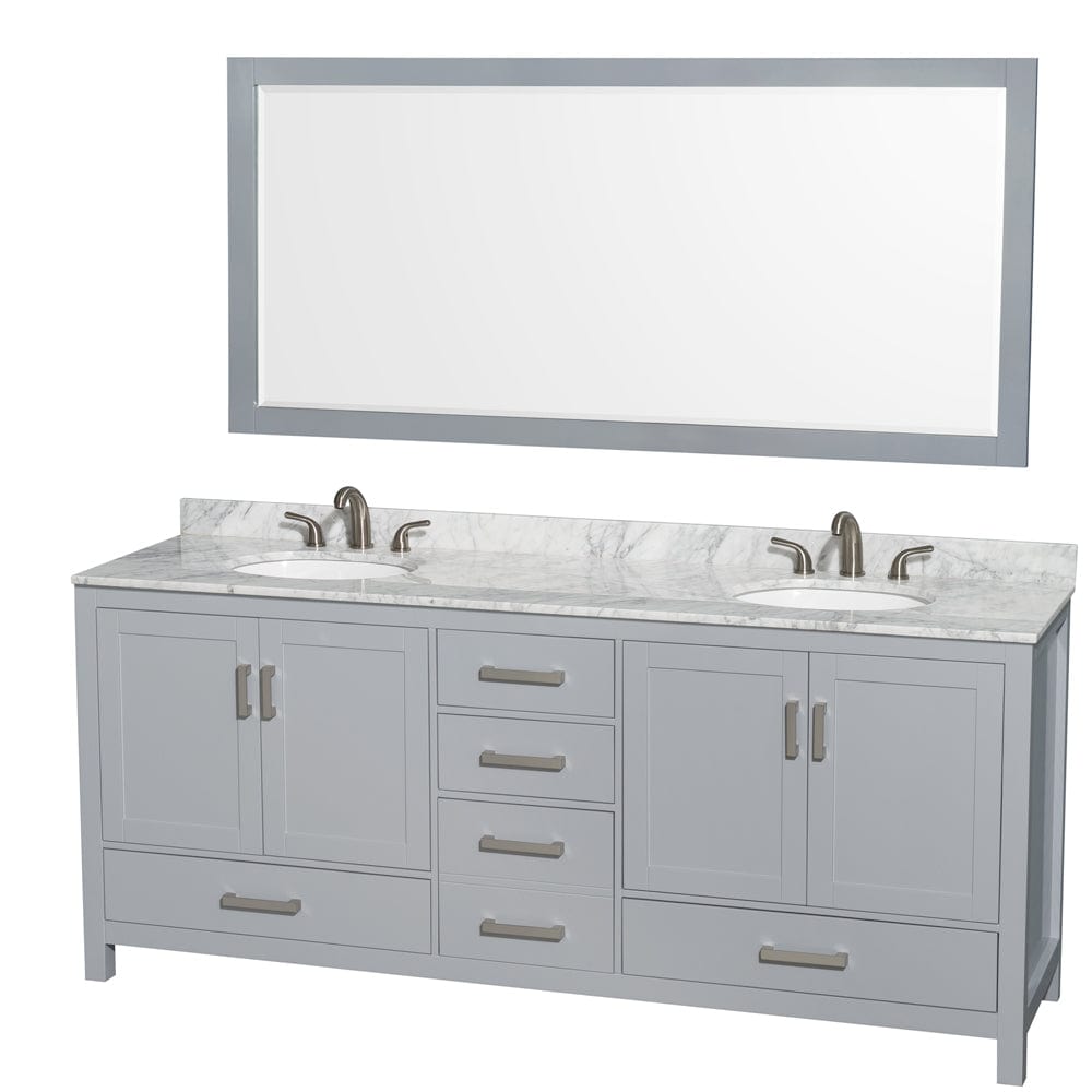 Wyndham Collection WCS141480DGYCMUNOM70 Sheffield 80 Inch Double Bathroom Vanity in Gray, White Carrara Marble Countertop, Undermount Oval Sinks, and 70 Inch Mirror