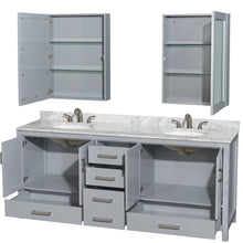 Load image into Gallery viewer, Wyndham Collection WCS141480DGYCMUNOMED Sheffield 80 Inch Double Bathroom Vanity in Gray, White Carrara Marble Countertop, Undermount Oval Sinks, and Medicine Cabinets
