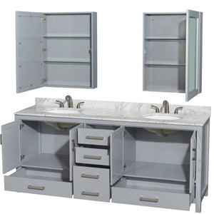 Wyndham Collection WCS141480DGYCMUNOMED Sheffield 80 Inch Double Bathroom Vanity in Gray, White Carrara Marble Countertop, Undermount Oval Sinks, and Medicine Cabinets