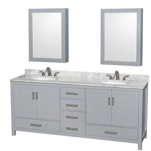 Wyndham Collection WCS141480DGYCMUNOMED Sheffield 80 Inch Double Bathroom Vanity in Gray, White Carrara Marble Countertop, Undermount Oval Sinks, and Medicine Cabinets