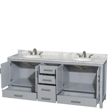 Load image into Gallery viewer, Wyndham Collection WCS141480DGYCMUNOMXX Sheffield 80 Inch Double Bathroom Vanity in Gray, White Carrara Marble Countertop, Undermount Oval Sinks, and No Mirror