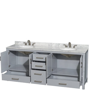 Wyndham Collection WCS141480DGYCMUNSM24 Sheffield 80 Inch Double Bathroom Vanity in Gray, White Carrara Marble Countertop, Undermount Square Sinks, and 24 Inch Mirrors