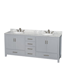 Load image into Gallery viewer, Wyndham Collection WCS141480DGYCMUNOMXX Sheffield 80 Inch Double Bathroom Vanity in Gray, White Carrara Marble Countertop, Undermount Oval Sinks, and No Mirror