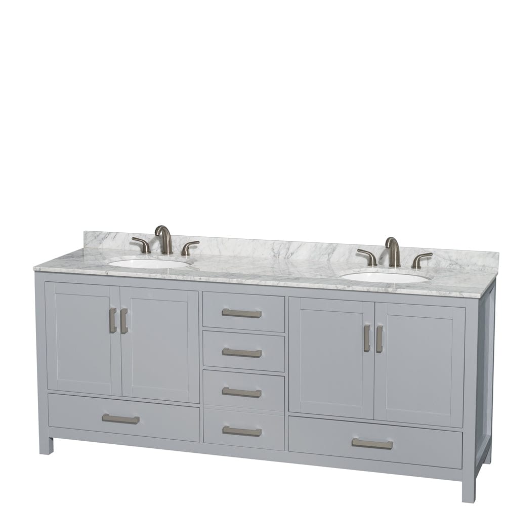 Wyndham Collection WCS141480DGYCMUNOMXX Sheffield 80 Inch Double Bathroom Vanity in Gray, White Carrara Marble Countertop, Undermount Oval Sinks, and No Mirror