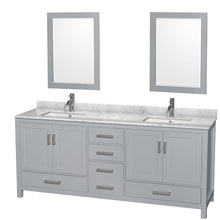 Load image into Gallery viewer, Wyndham Collection WCS141480DGYCMUNSM24 Sheffield 80 Inch Double Bathroom Vanity in Gray, White Carrara Marble Countertop, Undermount Square Sinks, and 24 Inch Mirrors