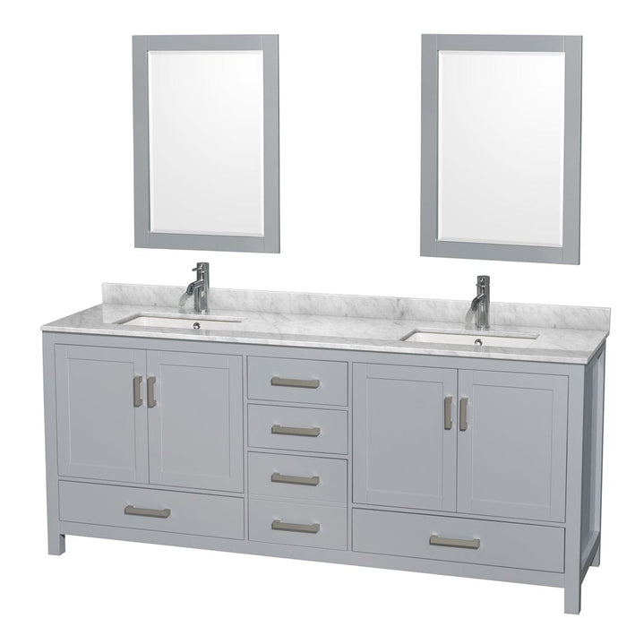 Wyndham Collection WCS141480DGYCMUNSM24 Sheffield 80 Inch Double Bathroom Vanity in Gray, White Carrara Marble Countertop, Undermount Square Sinks, and 24 Inch Mirrors