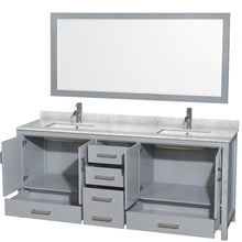 Load image into Gallery viewer, Wyndham Collection WCS141480DGYCMUNSM70 Sheffield 80 Inch Double Bathroom Vanity in Gray, White Carrara Marble Countertop, Undermount Square Sinks, and 70 Inch Mirror