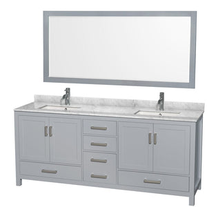 Wyndham Collection WCS141480DGYCMUNSM70 Sheffield 80 Inch Double Bathroom Vanity in Gray, White Carrara Marble Countertop, Undermount Square Sinks, and 70 Inch Mirror