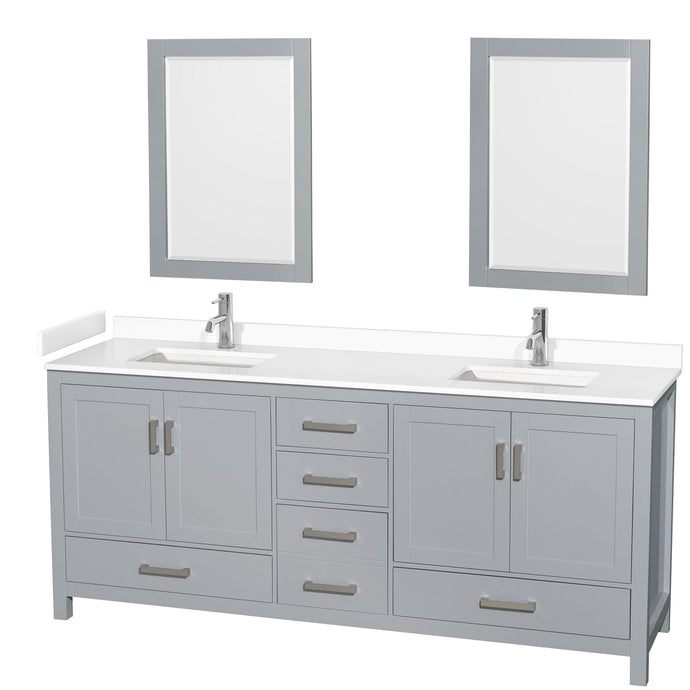 Wyndham Collection WCS141480DGYWCUNSM24 Sheffield 80 Inch Double Bathroom Vanity in Gray, White Cultured Marble Countertop, Undermount Square Sinks, 24 Inch Mirrors
