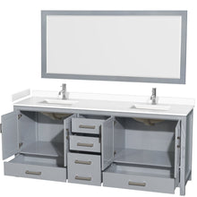 Load image into Gallery viewer, Wyndham Collection WCS141480DGYWCUNSM70 Sheffield 80 Inch Double Bathroom Vanity in Gray, White Cultured Marble Countertop, Undermount Square Sinks, 70 Inch Mirror