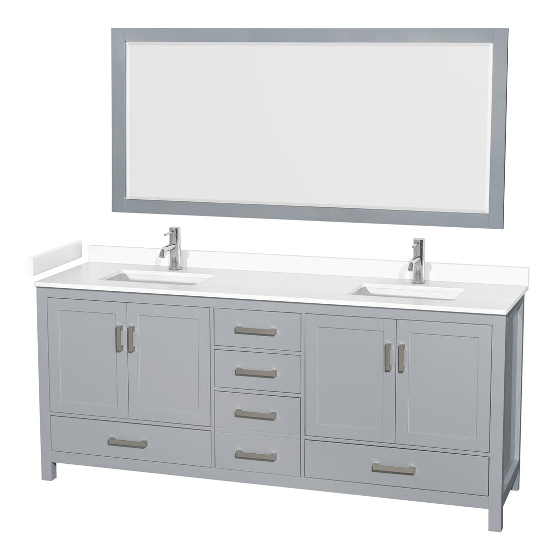 Wyndham Collection WCS141480DGYWCUNSM70 Sheffield 80 Inch Double Bathroom Vanity in Gray, White Cultured Marble Countertop, Undermount Square Sinks, 70 Inch Mirror