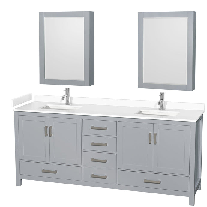 Wyndham Collection WCS141480DGYWCUNSMED Sheffield 80 Inch Double Bathroom Vanity in Gray, White Cultured Marble Countertop, Undermount Square Sinks, Medicine Cabinets