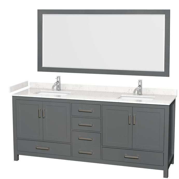 Wyndham Collection WCS141480DKGC2UNSM70 Sheffield 80 Inch Double Bathroom Vanity in Dark Gray, Carrara Cultured Marble Countertop, Undermount Square Sinks, 70 Inch Mirror