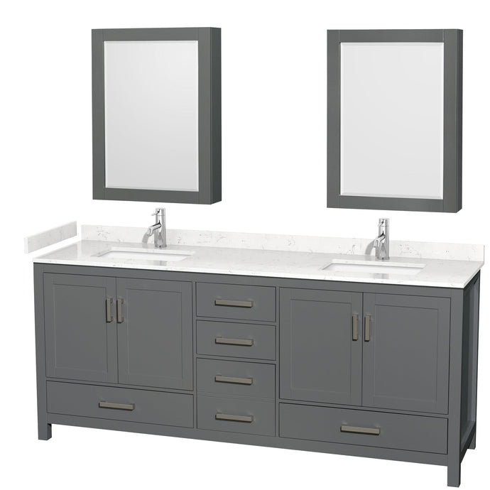 Wyndham Collection WCS141480DKGC2UNSMED Sheffield 80 Inch Double Bathroom Vanity in Dark Gray, Carrara Cultured Marble Countertop, Undermount Square Sinks, Medicine Cabinets