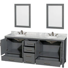 Load image into Gallery viewer, Wyndham Collection WCS141480DKGCMUNOM24 Sheffield 80 Inch Double Bathroom Vanity in Dark Gray, White Carrara Marble Countertop, Undermount Oval Sinks, and 24 Inch Mirrors