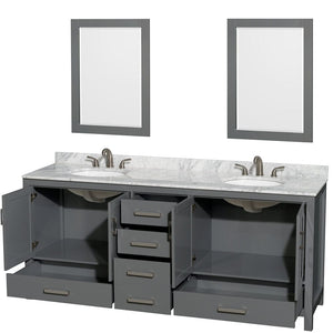 Wyndham Collection WCS141480DKGCMUNOM24 Sheffield 80 Inch Double Bathroom Vanity in Dark Gray, White Carrara Marble Countertop, Undermount Oval Sinks, and 24 Inch Mirrors