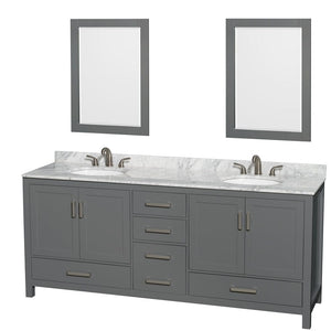 Wyndham Collection WCS141480DKGCMUNOM24 Sheffield 80 Inch Double Bathroom Vanity in Dark Gray, White Carrara Marble Countertop, Undermount Oval Sinks, and 24 Inch Mirrors