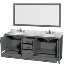 Load image into Gallery viewer, Wyndham Collection WCS141480DKGCMUNOM70 Sheffield 80 Inch Double Bathroom Vanity in Dark Gray, White Carrara Marble Countertop, Undermount Oval Sinks, and 70 Inch Mirror