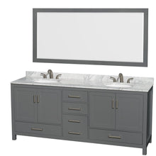 Load image into Gallery viewer, Wyndham Collection WCS141480DKGCMUNOM70 Sheffield 80 Inch Double Bathroom Vanity in Dark Gray, White Carrara Marble Countertop, Undermount Oval Sinks, and 70 Inch Mirror