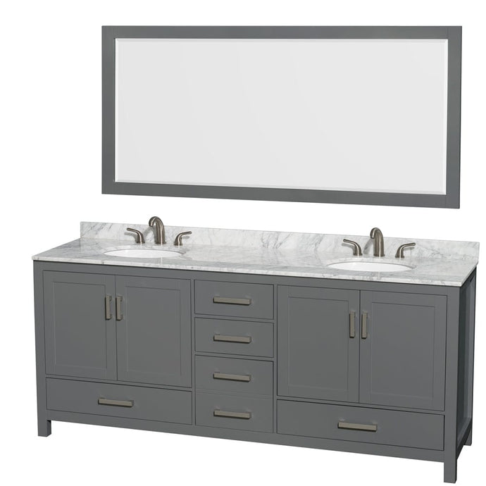 Wyndham Collection WCS141480DKGCMUNOM70 Sheffield 80 Inch Double Bathroom Vanity in Dark Gray, White Carrara Marble Countertop, Undermount Oval Sinks, and 70 Inch Mirror