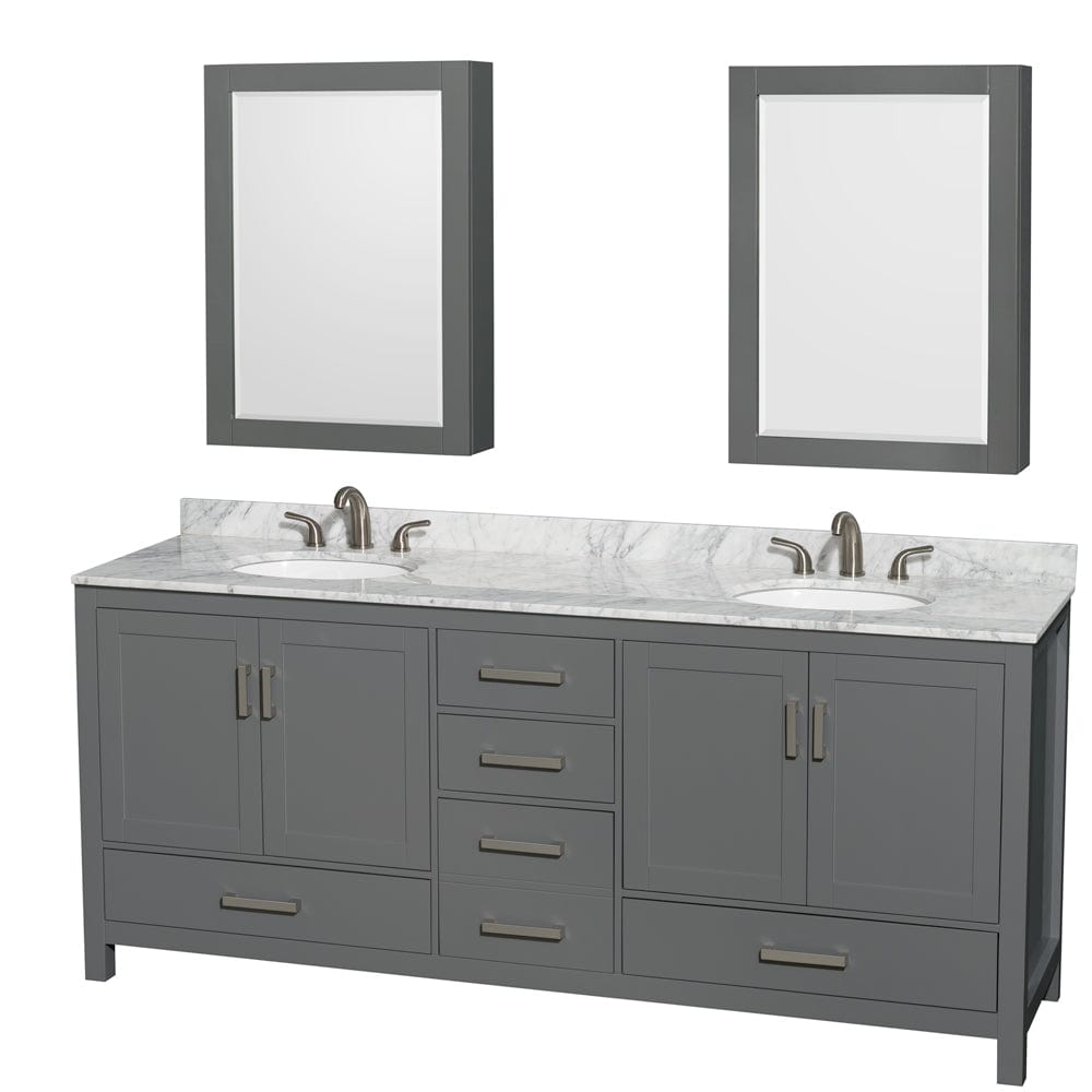 Wyndham Collection WCS141480DKGCMUNOMED Sheffield 80 Inch Double Bathroom Vanity in Dark Gray, White Carrara Marble Countertop, Undermount Oval Sinks, and Medicine Cabinets