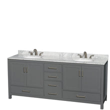 Load image into Gallery viewer, Wyndham Collection WCS141480DKGCMUNOMXX Sheffield 80 Inch Double Bathroom Vanity in Dark Gray, White Carrara Marble Countertop, Undermount Oval Sinks, and No Mirror