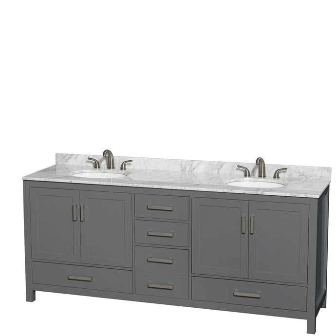 Wyndham Collection WCS141480DKGCMUNOMXX Sheffield 80 Inch Double Bathroom Vanity in Dark Gray, White Carrara Marble Countertop, Undermount Oval Sinks, and No Mirror
