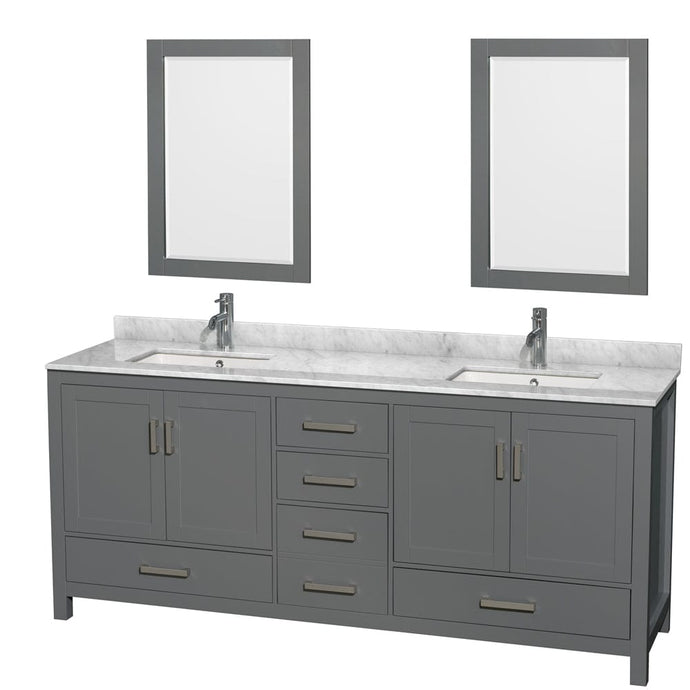 Wyndham Collection WCS141480DKGCMUNSM24 Sheffield 80 Inch Double Bathroom Vanity in Dark Gray, White Carrara Marble Countertop, Undermount Square Sinks, and 24 Inch Mirrors