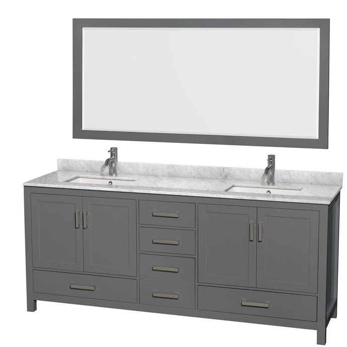 Wyndham Collection WCS141480DKGCMUNSM70 Sheffield 80 Inch Double Bathroom Vanity in Dark Gray, White Carrara Marble Countertop, Undermount Square Sinks, and 70 Inch Mirror